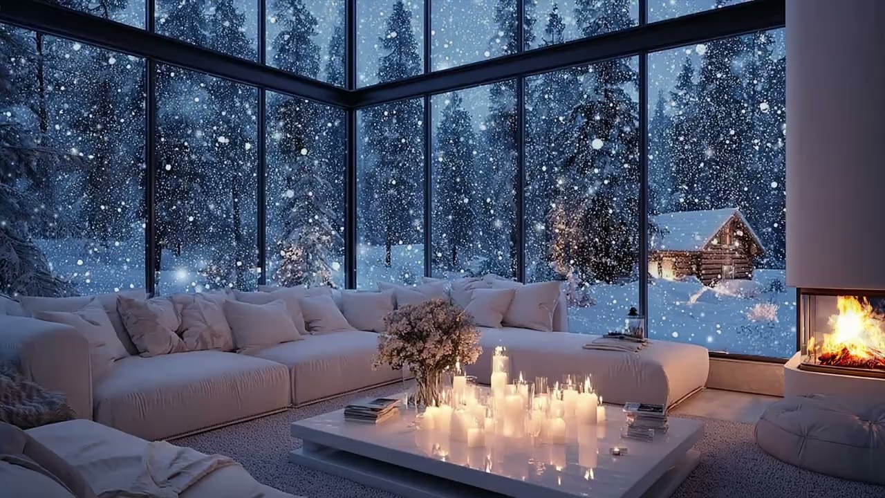 Candlelit Winter White Piano Lounge ❄️ Snowfall Night for Relaxation and Focus