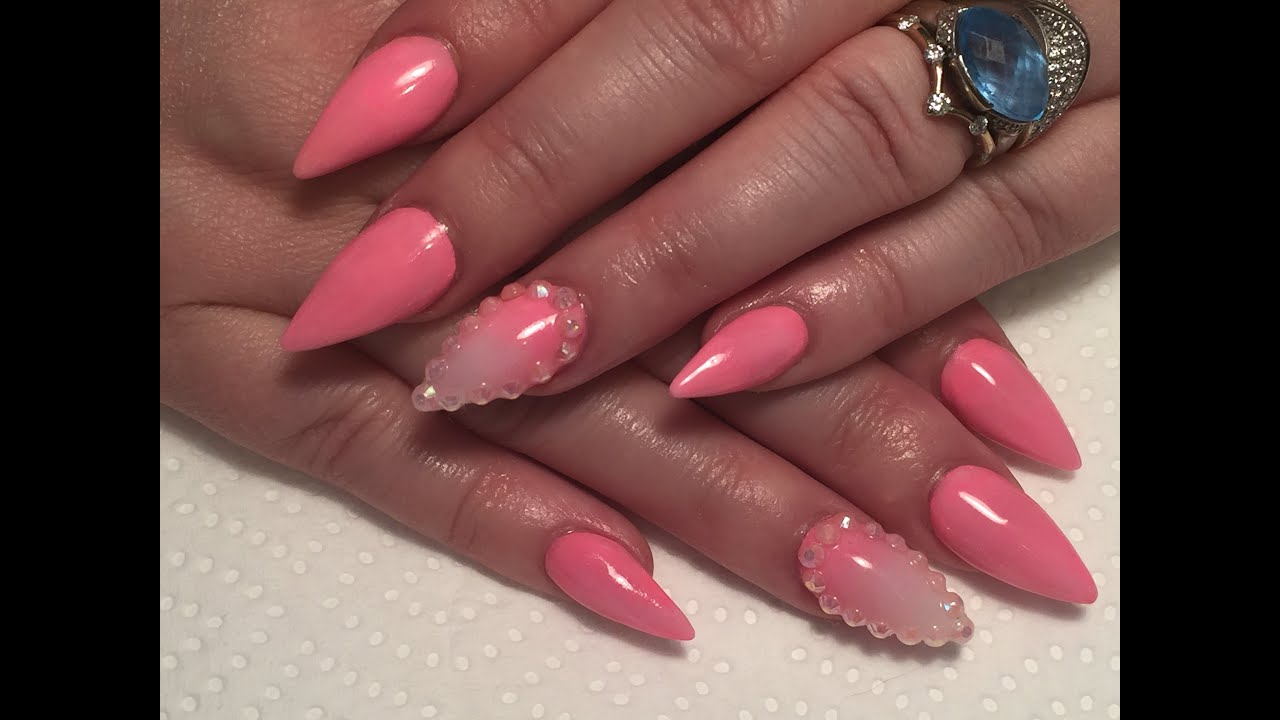 Acrylic nails, short stiletto sculpted nails, pink gradient