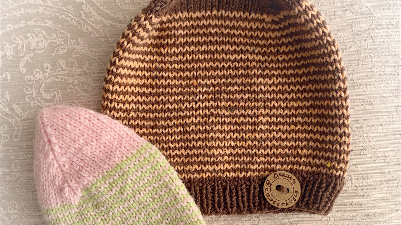 Căciulă tricotată in 2 culori, model spirală. Tutorial pas cu pas.