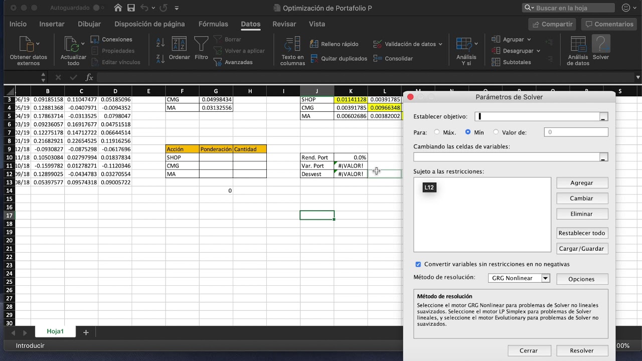 Optimización de portafolio de inversión con Solver