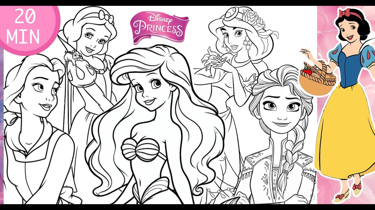 Long DISNEY PRINCESS Together Coloring Compilation ARIEL ELSA SNOW WHITE ANNA BELLE JASMINE MOANA