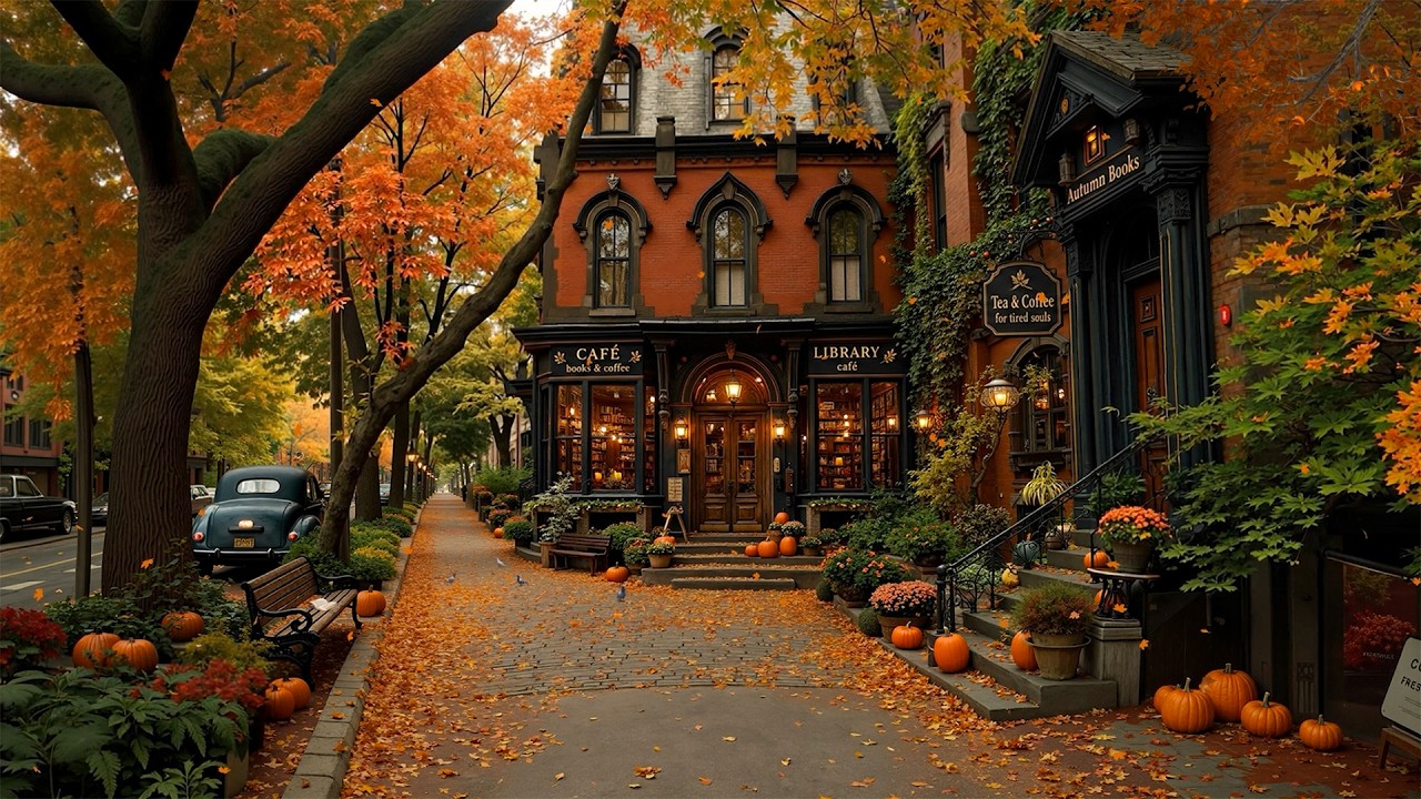 A Quiet Autumn Street to an Old Library Caf&eacute; 🍂 Warm Autumn Jazz, Pumpkins & Books to Ease Your Mind☕