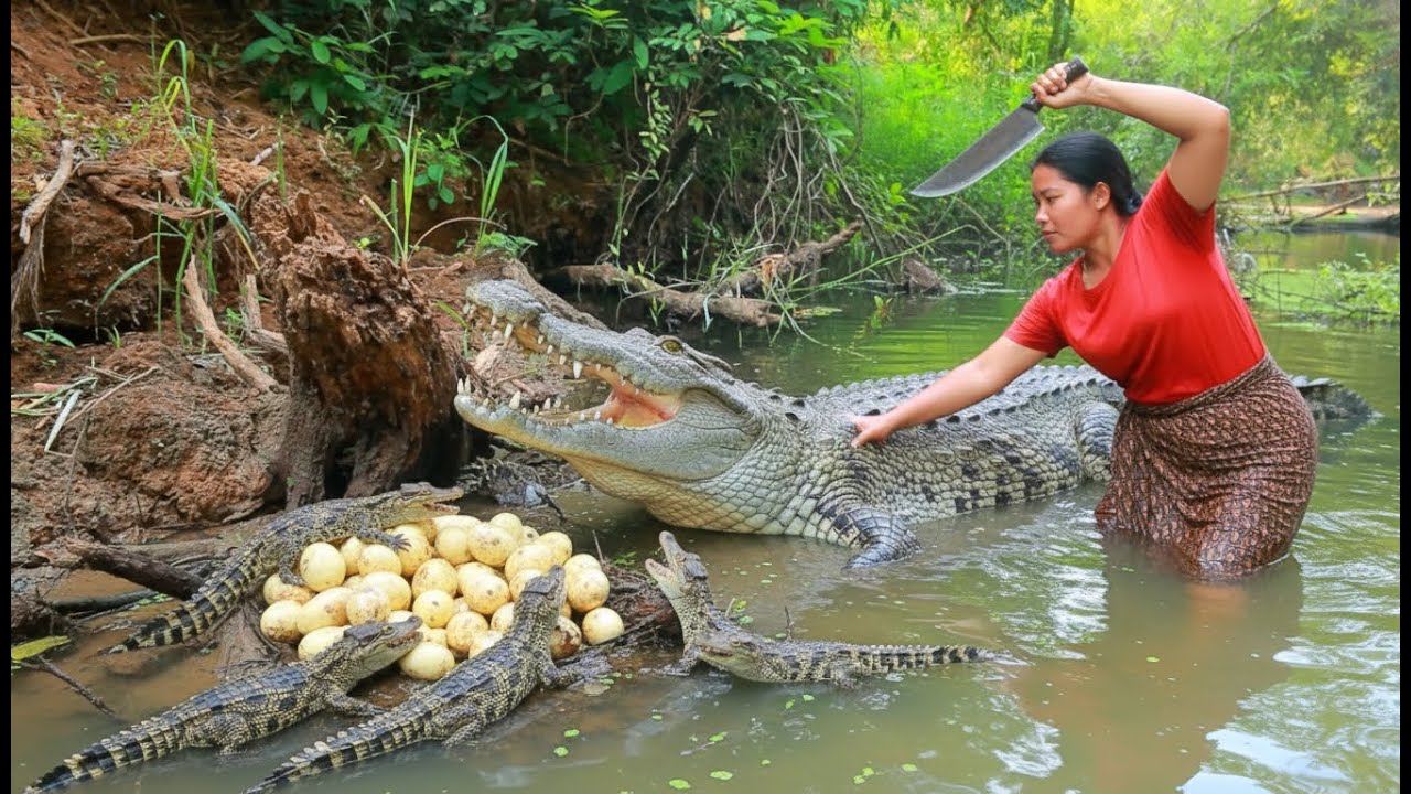 Women Catch Crocodile egg at river - Cooking soup  Crocodile for dog Eating delicious 4K