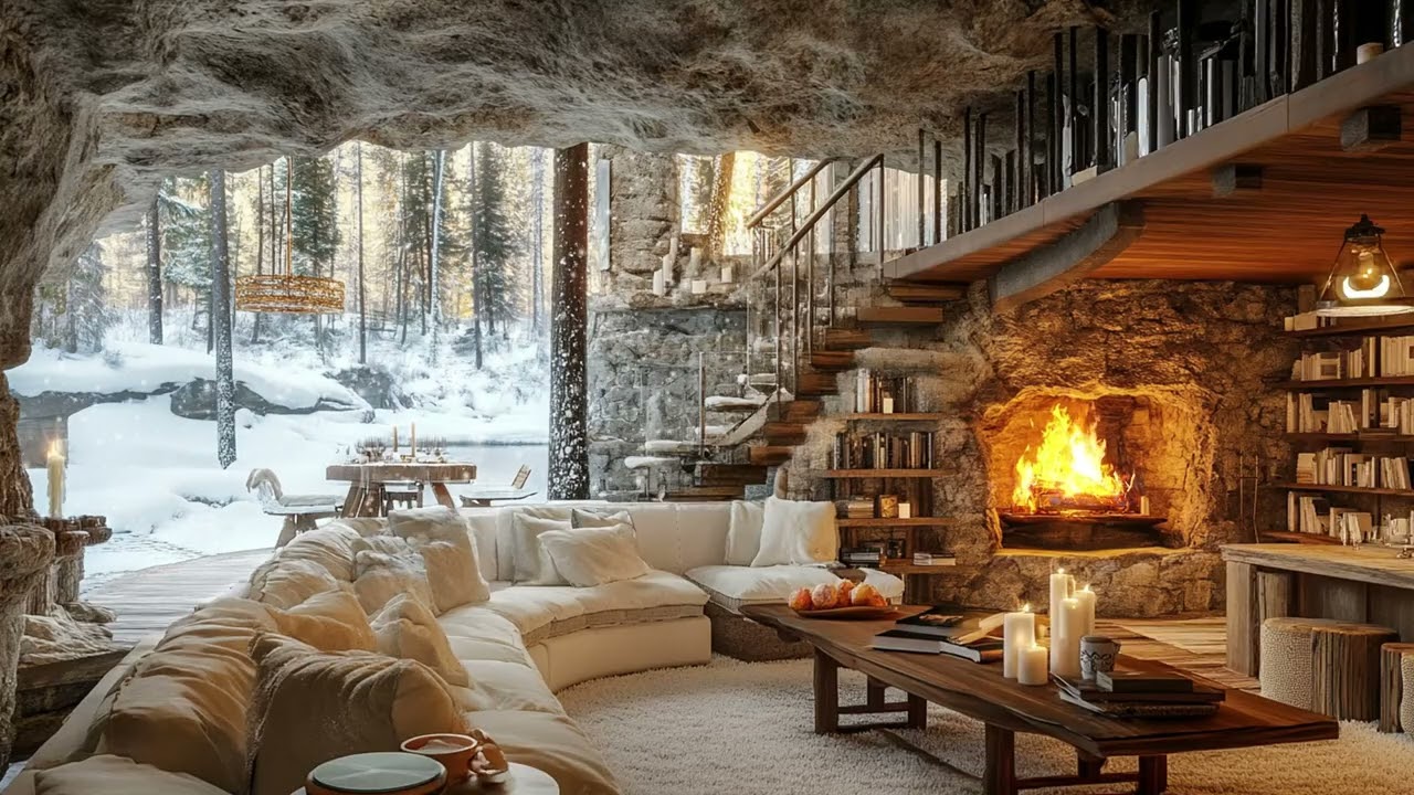 Blizzard Nightfall Beyond the Cabin ❄️ | Crackling Hearth Fire Sounds for Cozy Winter