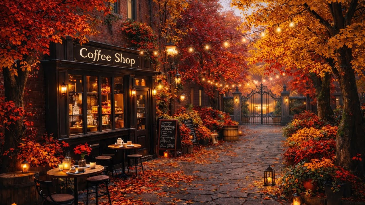 Cozy Coffee Shop in Autumn 🍂☕ Soft Jazz & Falling Leaves | Relaxing Ambience