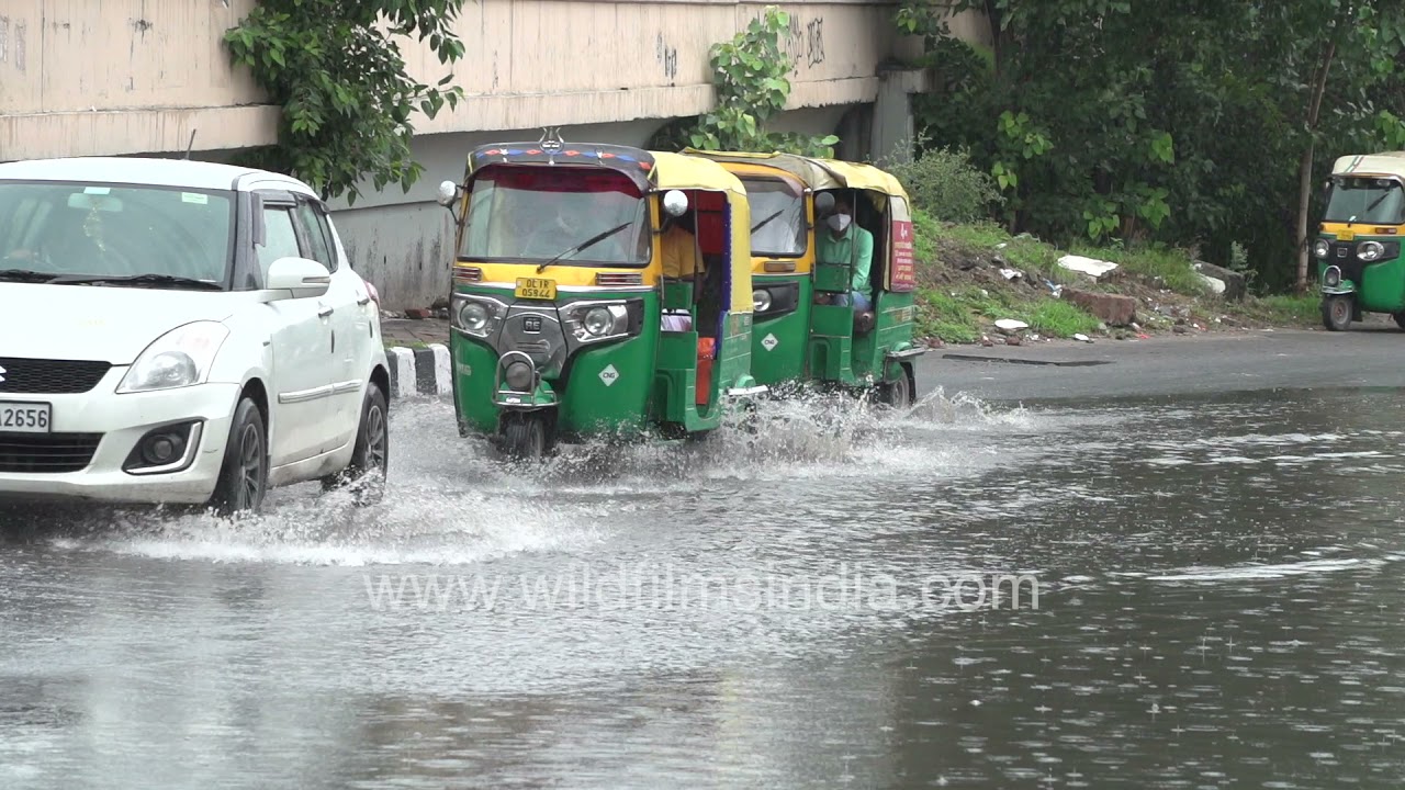 Rainwater at AIIMS Flyover seen in slow motion, cars splash through water accumulated on flyover