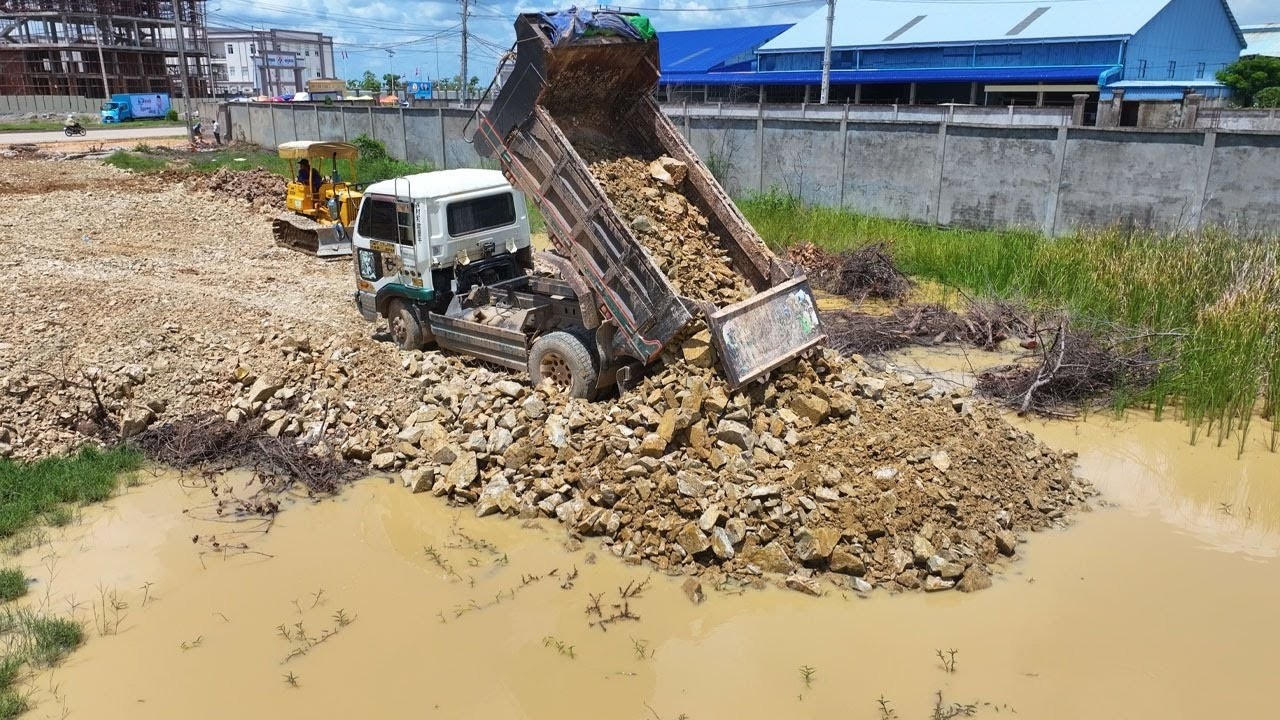 Excellent Construction! Bulldozer Clearing Land and Filling Water Area