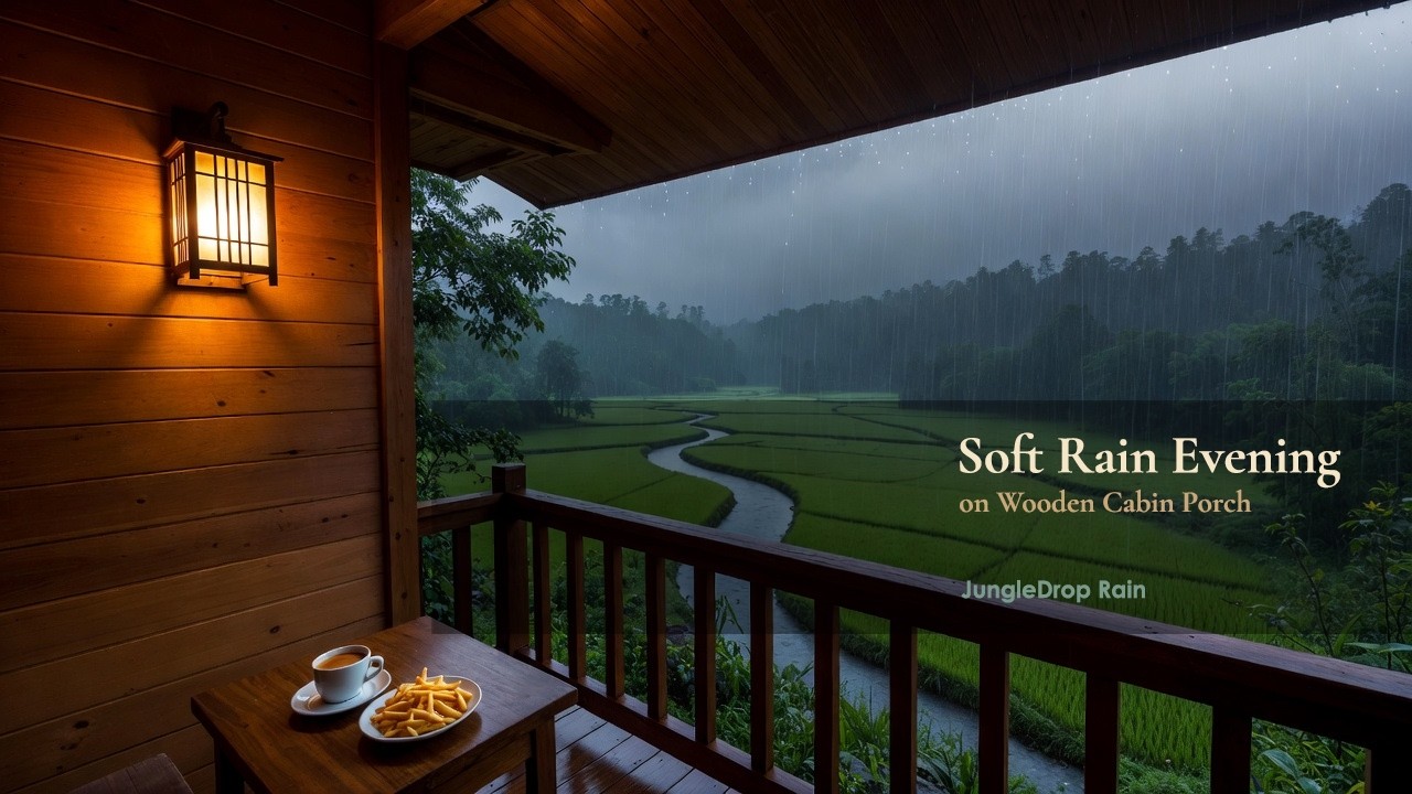 Rainy Evening Serenity on a Wooden Cabin Porch