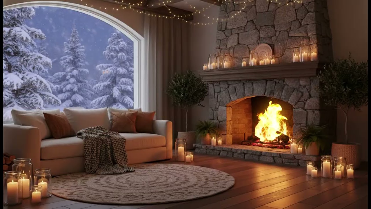 Cozy Winter Fireplace Ambience ❄️ Snow Falling Outside Window