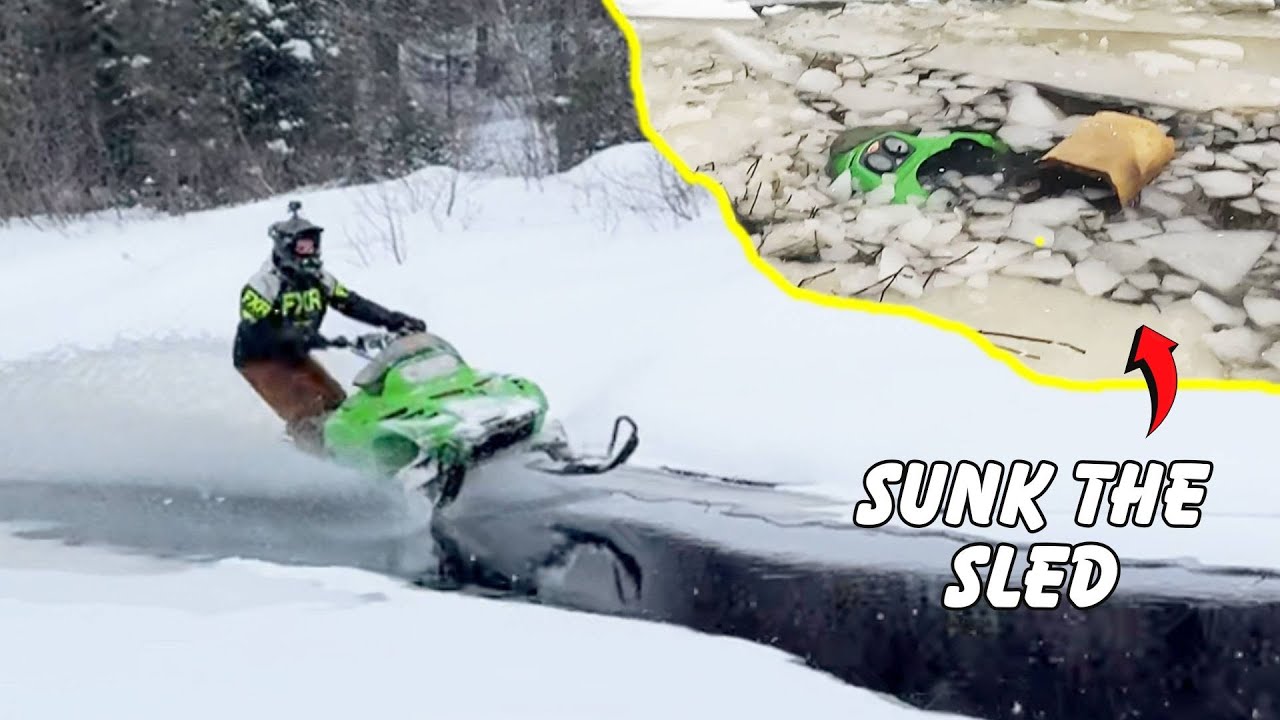 CHEAP SNOWMOBILE WATER SKIPPING FAIL (WE SUNK THE SLED)