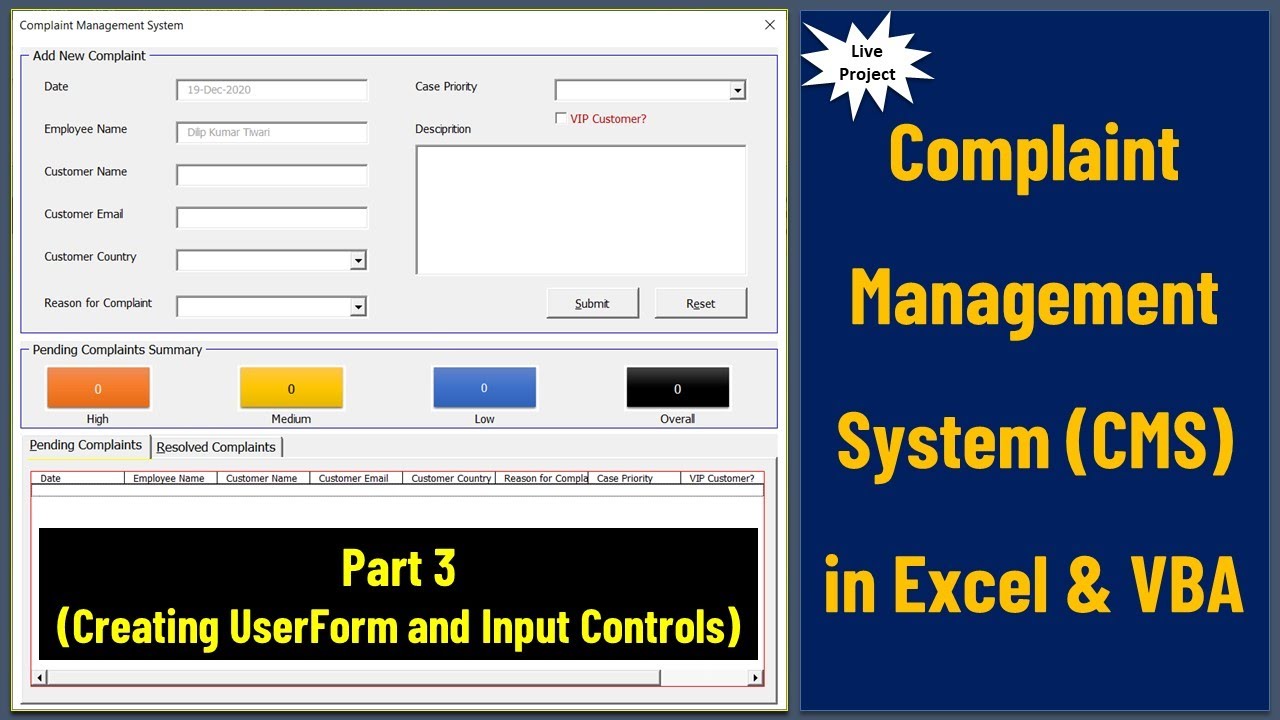Complaint Management System in Excel and VBA - Part 3 (Creating UserForm and Input Controls)
