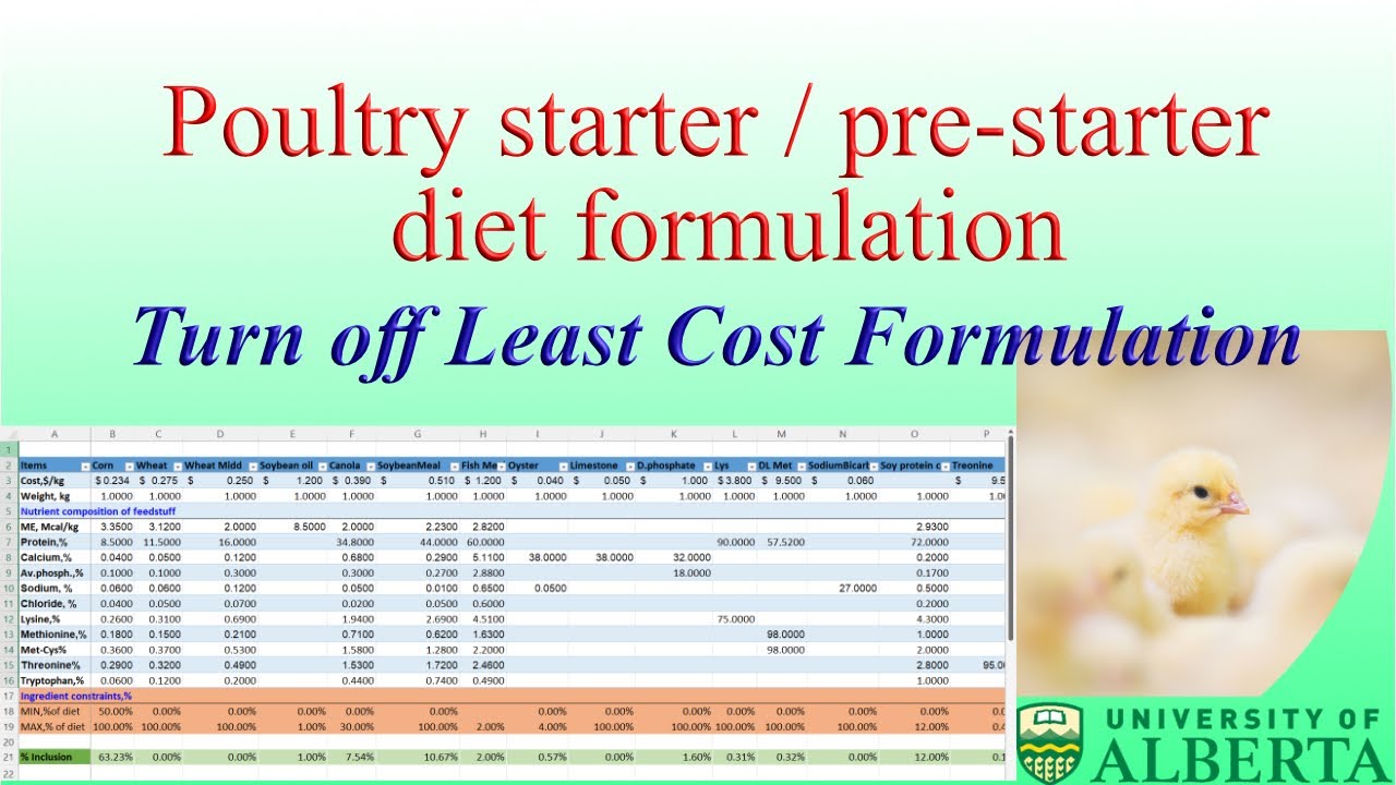 Poultry starter diet formulation without using least cost method