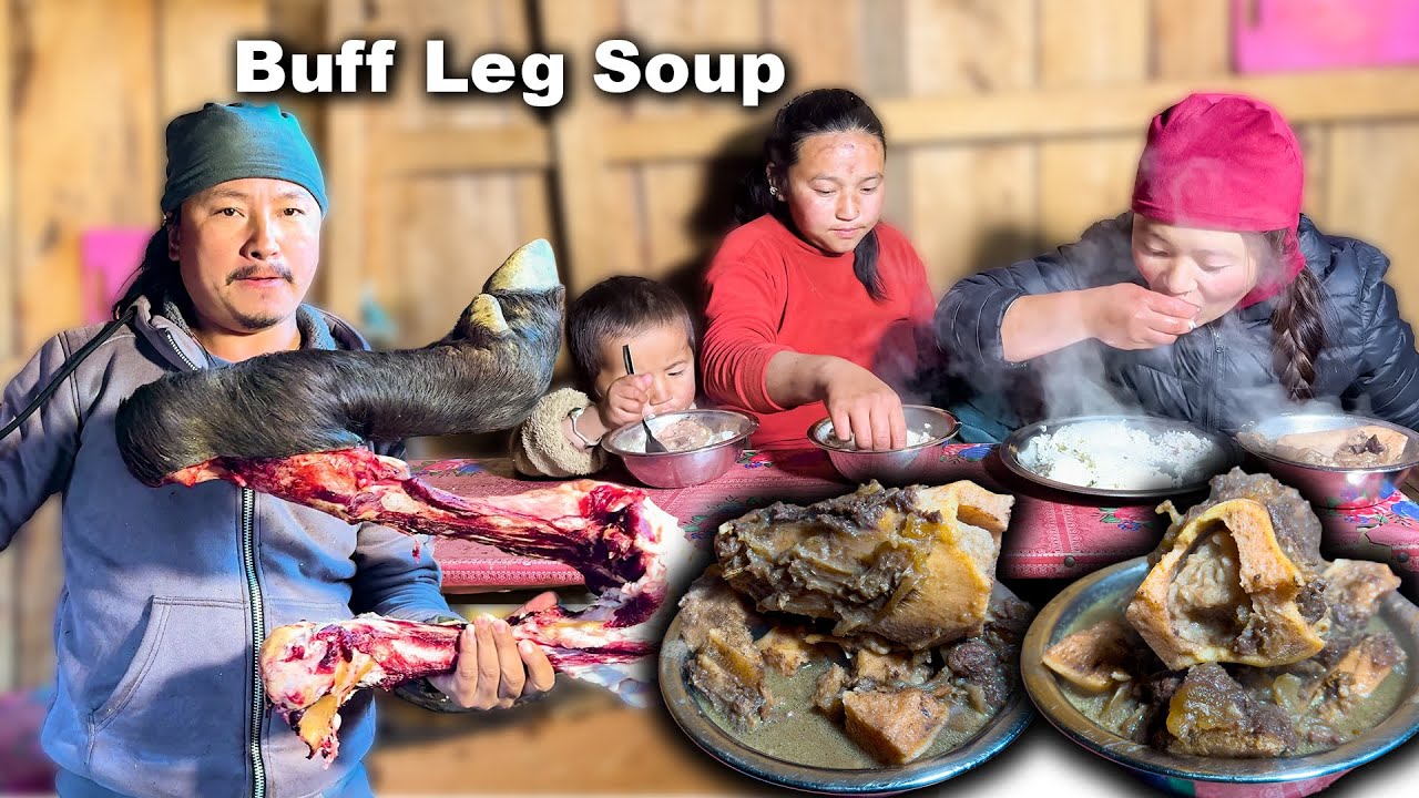 Buff Leg Soup Cooking & Eating Local Village Style आज रागाको खुट्टाको सुप Delicious Bone Marrow Soup