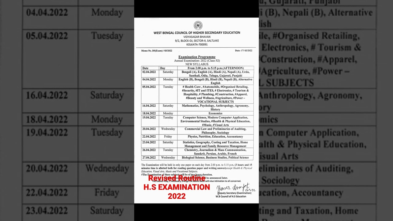 #Revised routine higher secondary examination 2022 #wbchse @17 March 2022