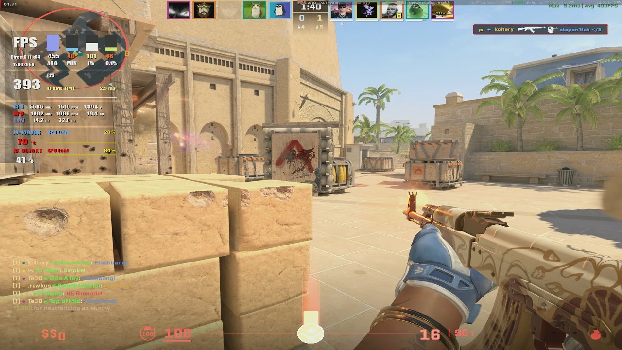 CS2 / i9-14900K + RX 9070 XT / 1280x960 + 4X MSAA / MIRAGE