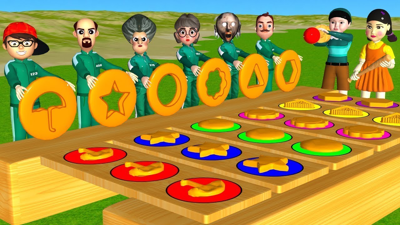 Scary Teacher 3D vs Squid Game Put in Key Dalgona Candy Shapes Challenge Granny vs Neighbor Loser