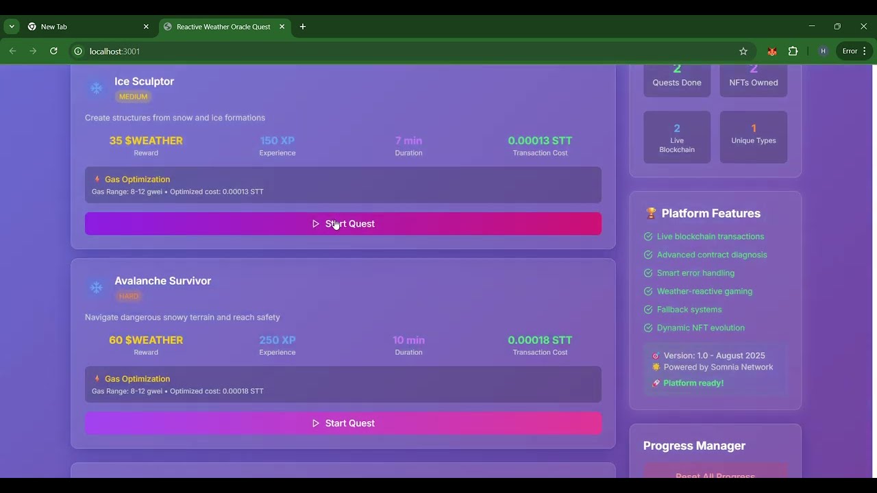 Reactive Weather Oracle Quest: Somnia Blockchain Game Prototype with Real-Time Oracles  NFTs Testnet