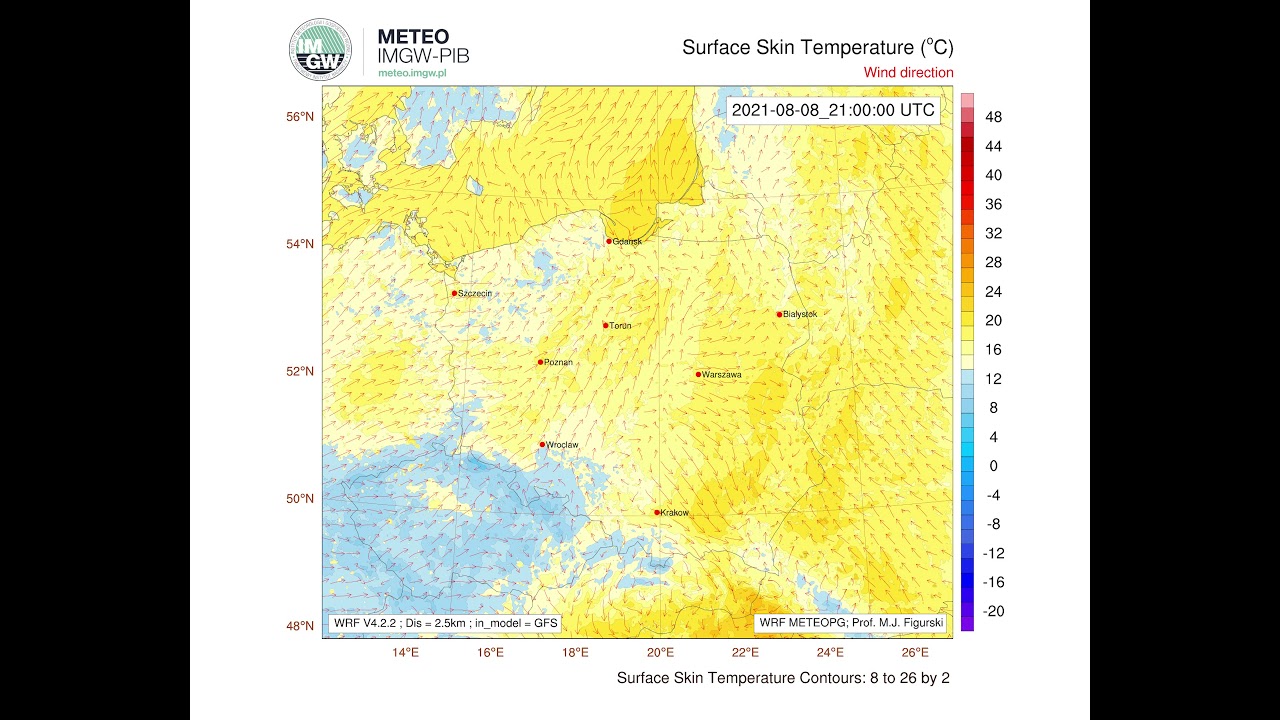 IMGW-PIB: Prognoza WRF-GFS Medium-Range Forecast (temperatura pow. gruntu °C) od 03.08 do 18.08.2021