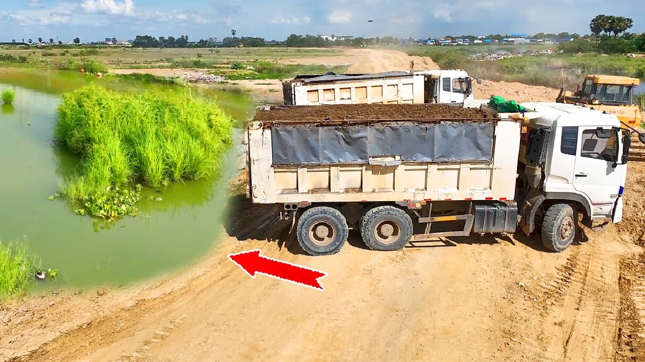 Be Careful Incredible Start New Landfill Task!! By Dump Truck 25Ton & Dozer SHANTUI Pushing Soil