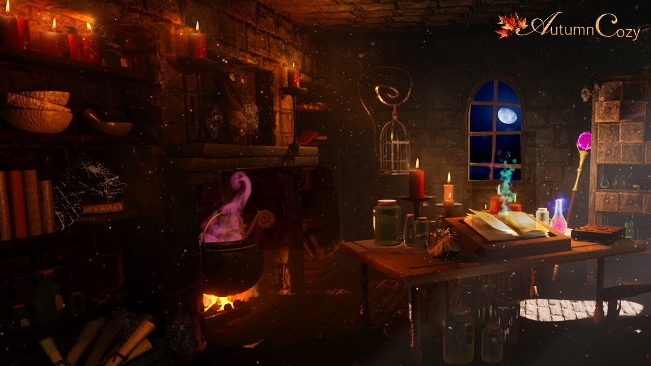 🔮🌛WITCH'S LAIR AMBIENCE: Bubbling Cauldron, Potions, Fire, Crunchy Sounds