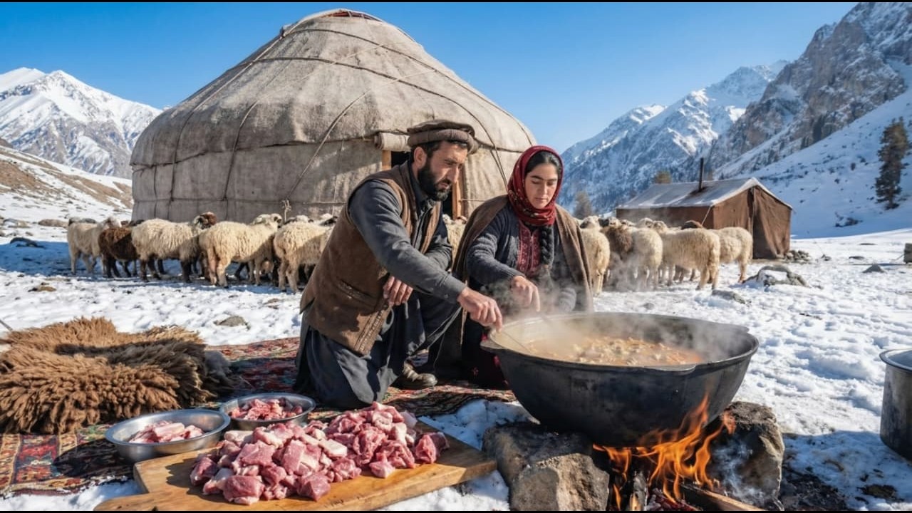 Nomadic Shepherd Couple Cooking Whole Sheep in Giant Kazan | Afghanistan Village Life