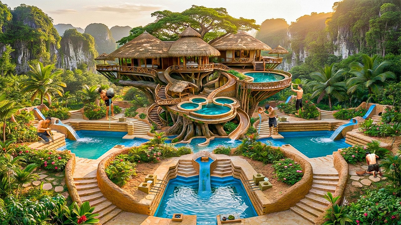 250 Days Building Luxury Giant Treehouse Resort with Multi-Level Pools & Slides Using Primitive Tool