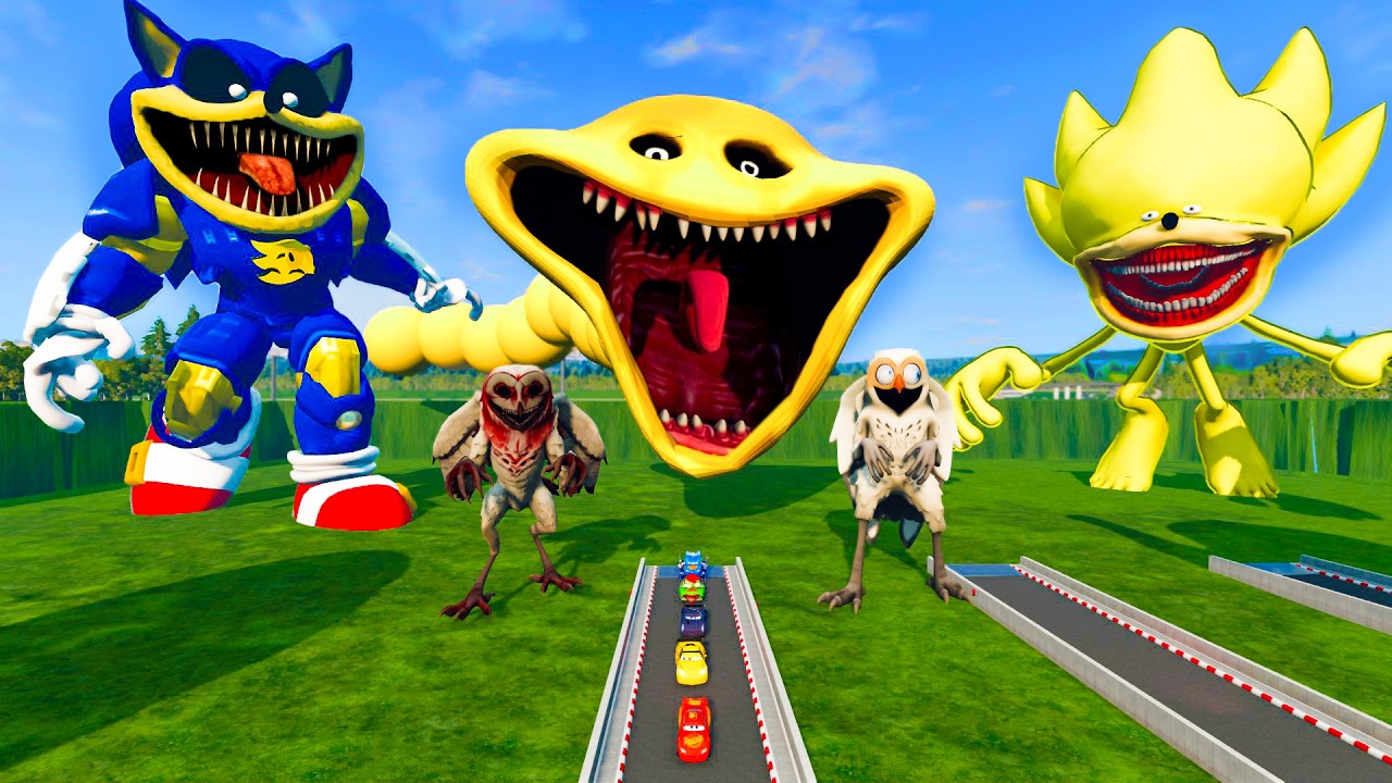 ALL MONSTERS Big & Small Cars with BLUE SONIC & YELLOW HUGGY WORM & OWL – BeamNG Drive