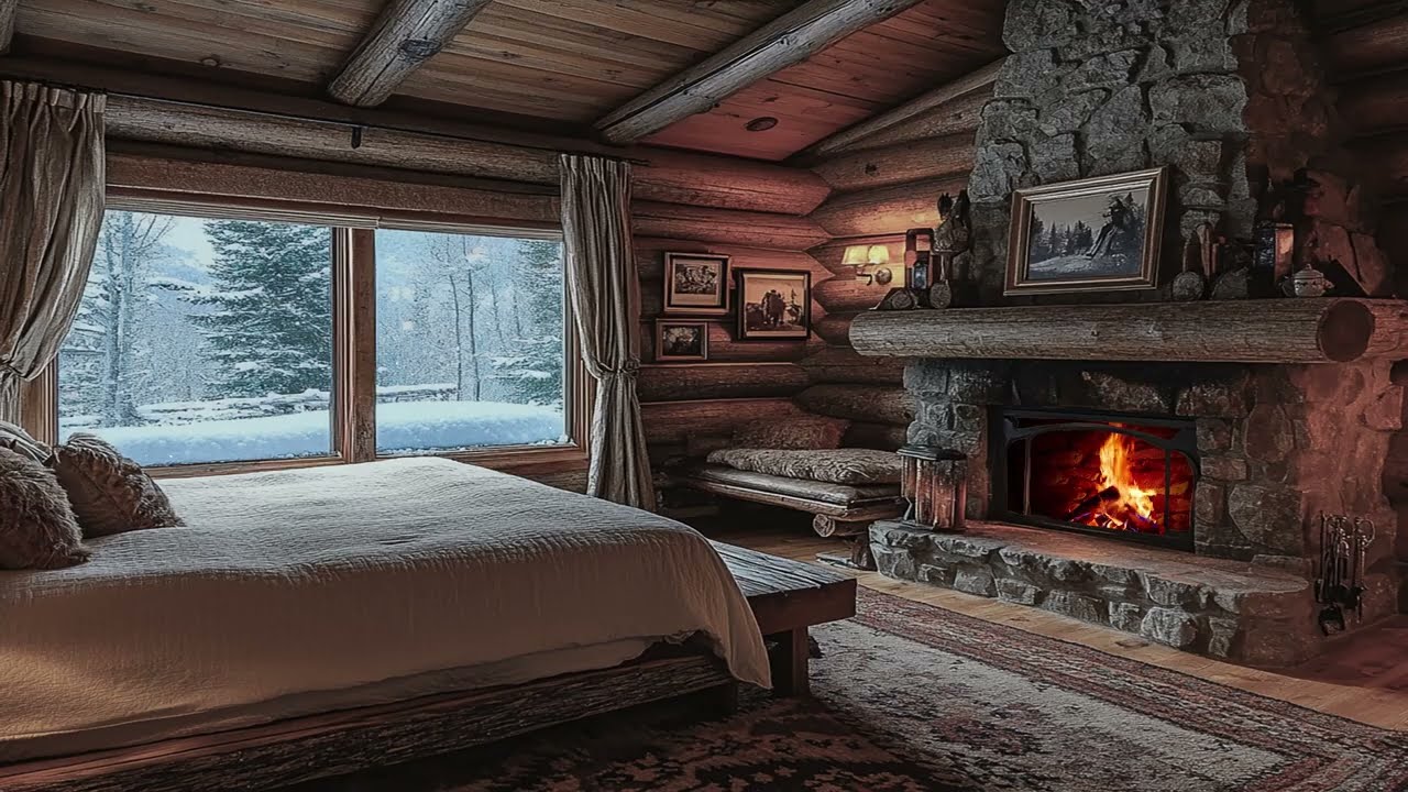 🖼️ Vintage Log Cabin Bedroom | Soft Fire Sounds & Snowy Forest | Stress Relief