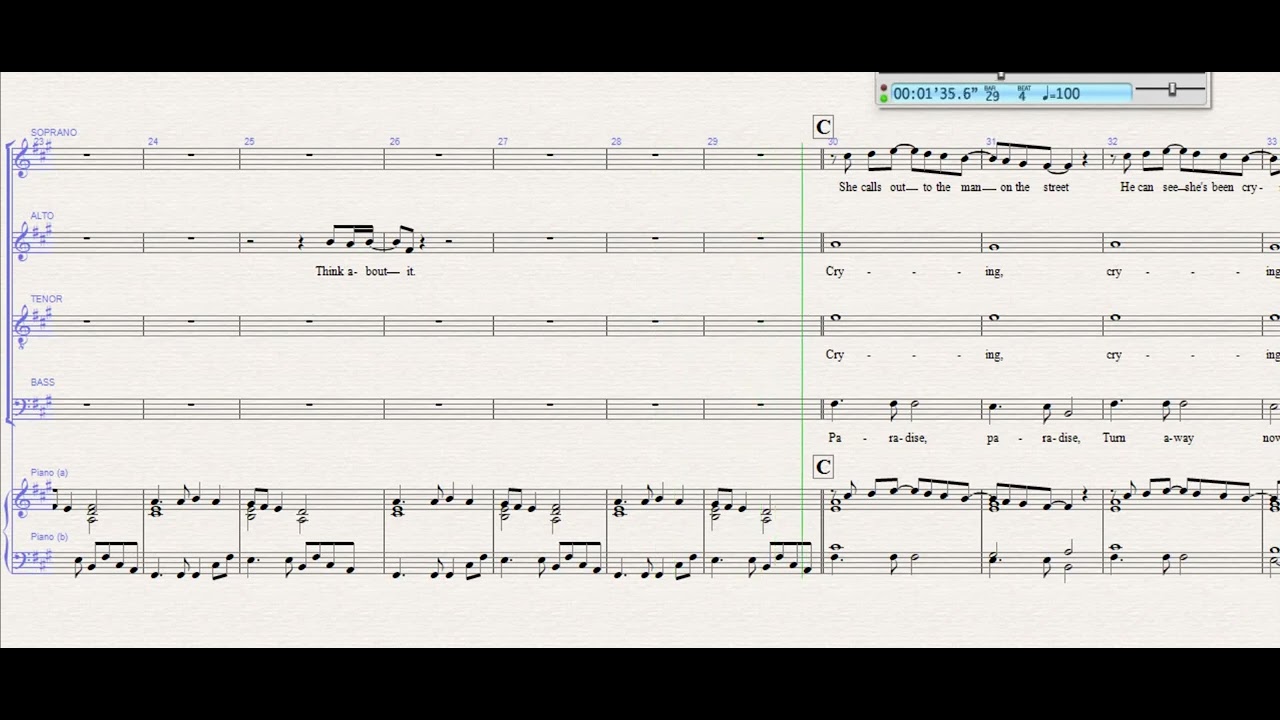 Complete.  Another Day in Paradise - Phil Collins.  Arranged for SATB choir by Jane Anderson-Brown