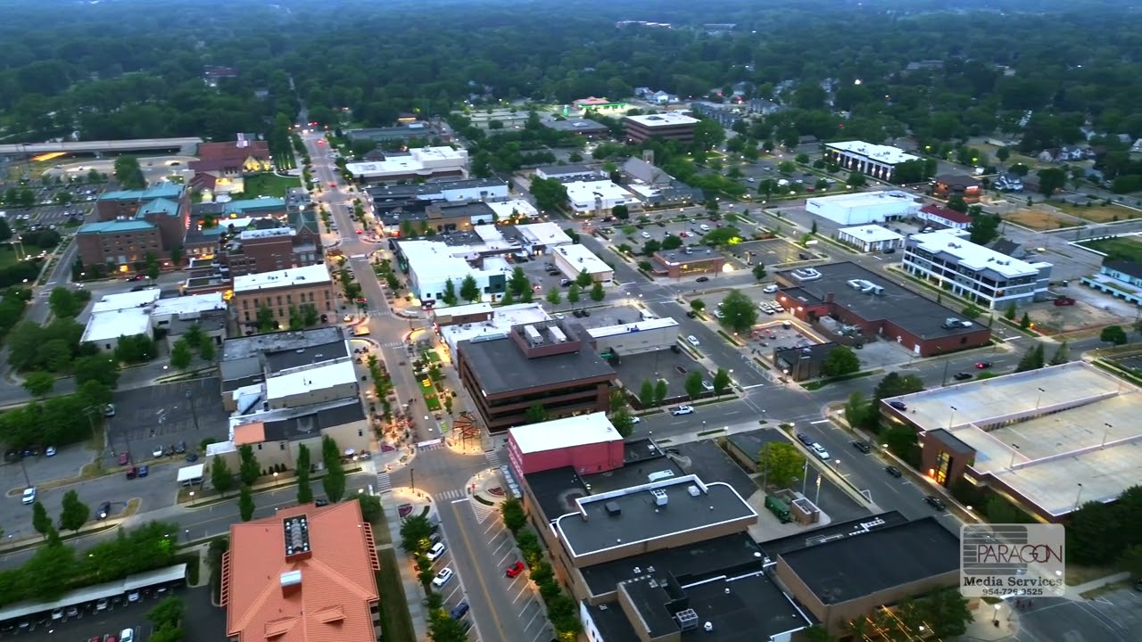 Midland, Michigan - Downtown Area - Hazy Summer Evening - Drone Video
