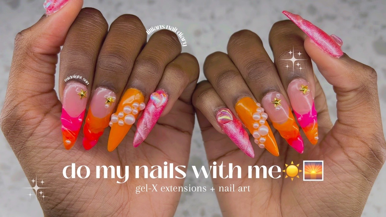 do my nails with me 🧡| tropical spring sunset 🌅 + gel X extensions (with timestamps)