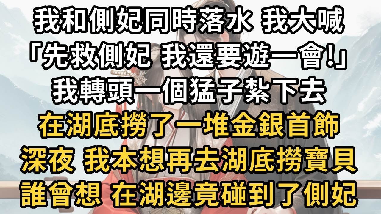 我和側妃同時落水，我大喊  「先救側妃 我還要遊一會!」  我轉頭一個猛子紮下去 ， 在湖底撈了一堆金銀首飾，  深夜，我本想再去湖底撈寶貝 ， 誰曾想，在湖邊竟碰到了側妃！