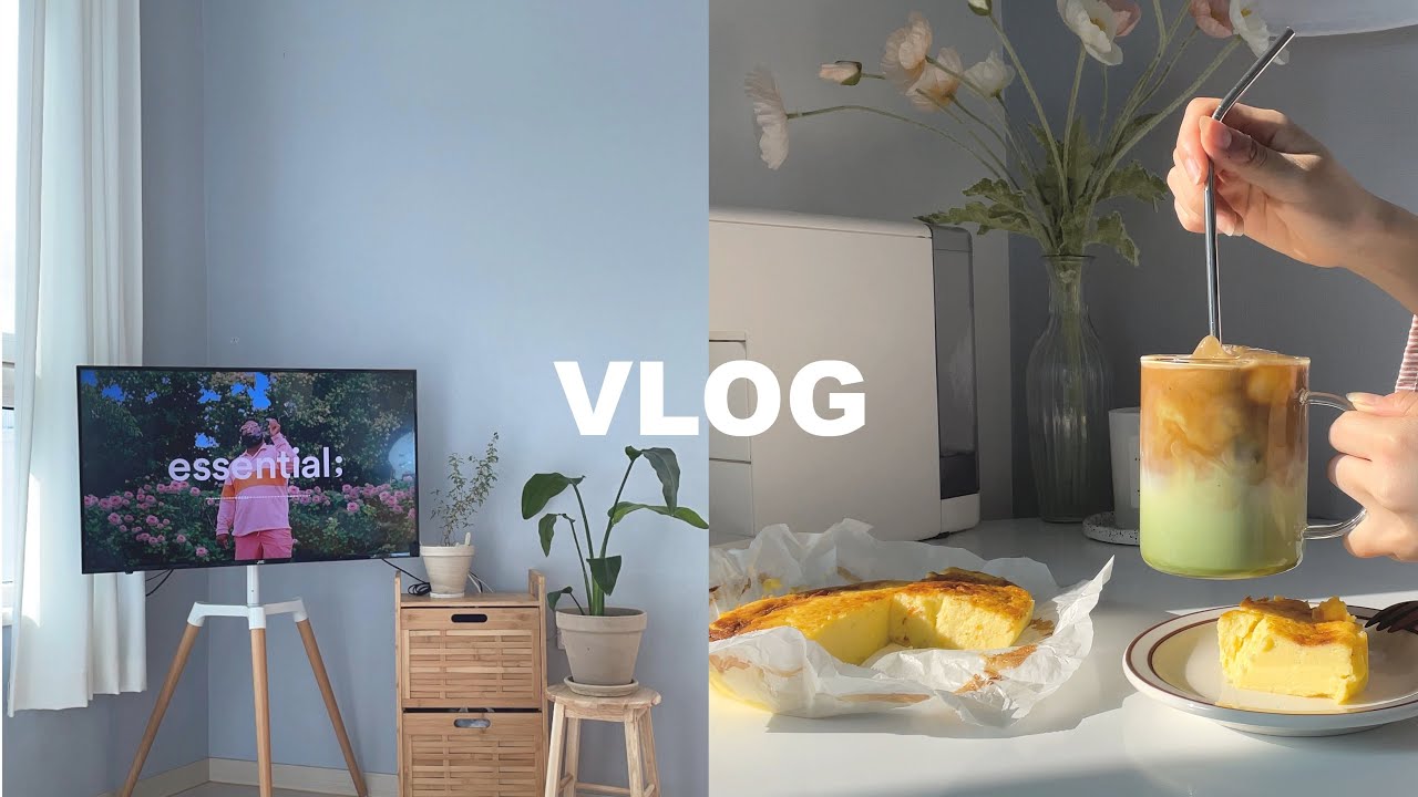 vlog🧀 이젤 티비거치대로 복층 거실 인테리어하기・노오븐 치즈케이크 만들어먹는 일상 브이로그