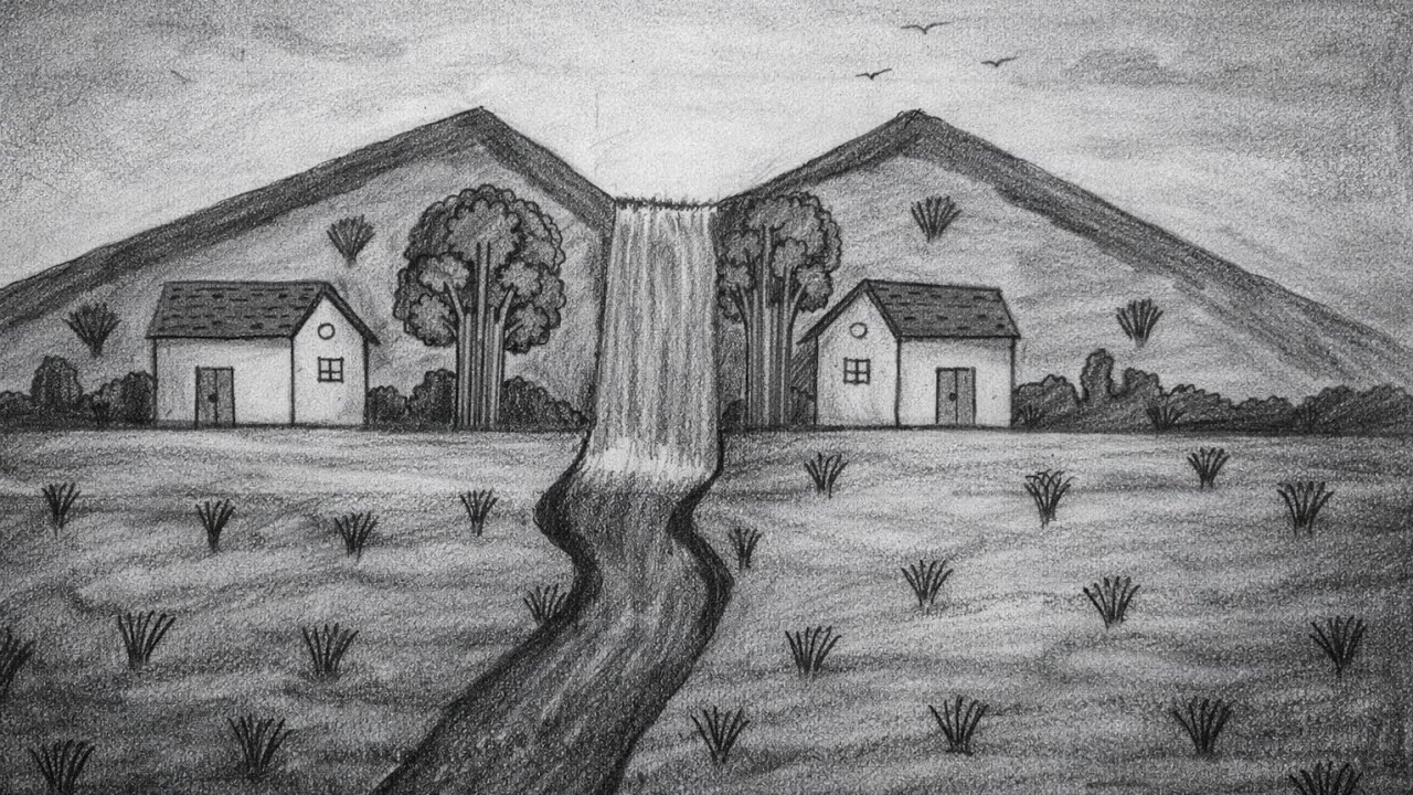 Beautiful mountain river house| प्राकृतिक दृश्य का चित्र कैसे बनाएं |beautiful scenery drawing#house