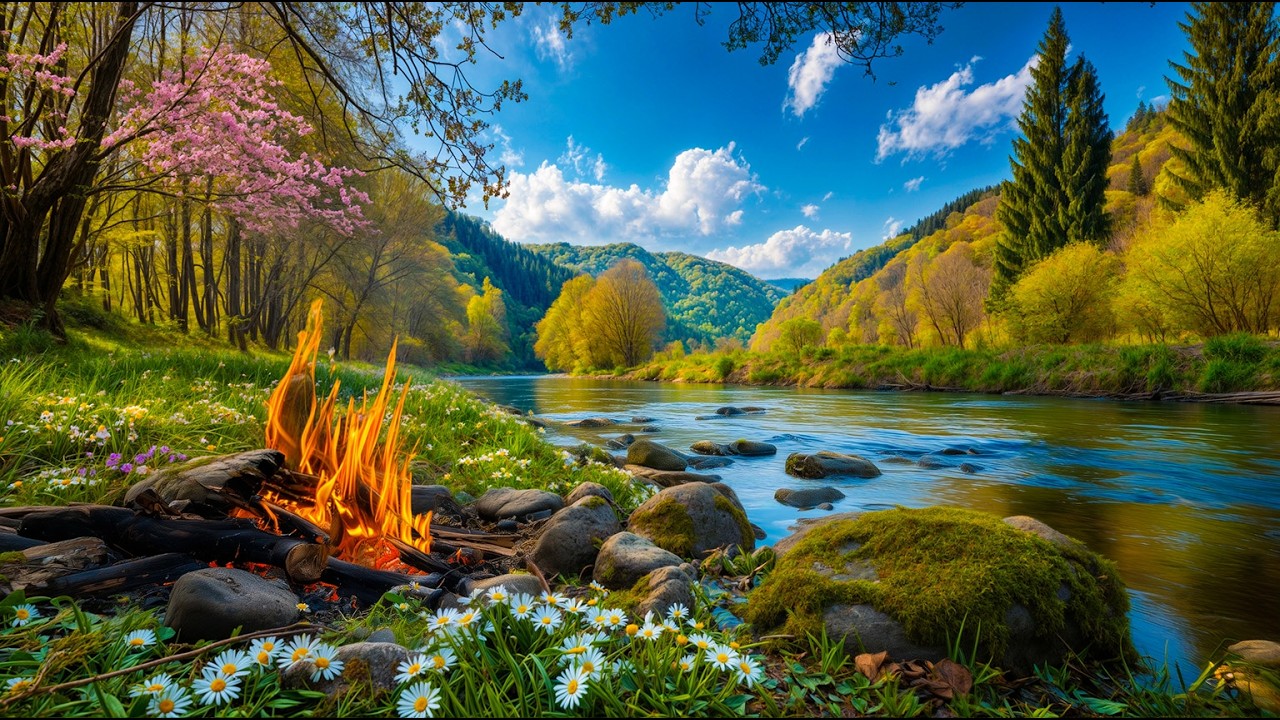 Sunny Spring Riverbank Campfire 🌿 Gentle Water Flow and Crackling Fire Ambience