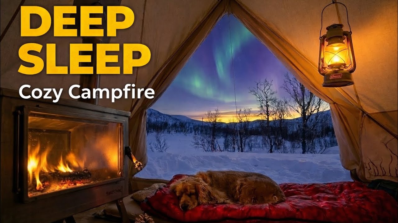 Sleep in Minutes | 🌌Aurora Campfire Night in Tromsø Norway (Cozy Winter Tent with Dog)
