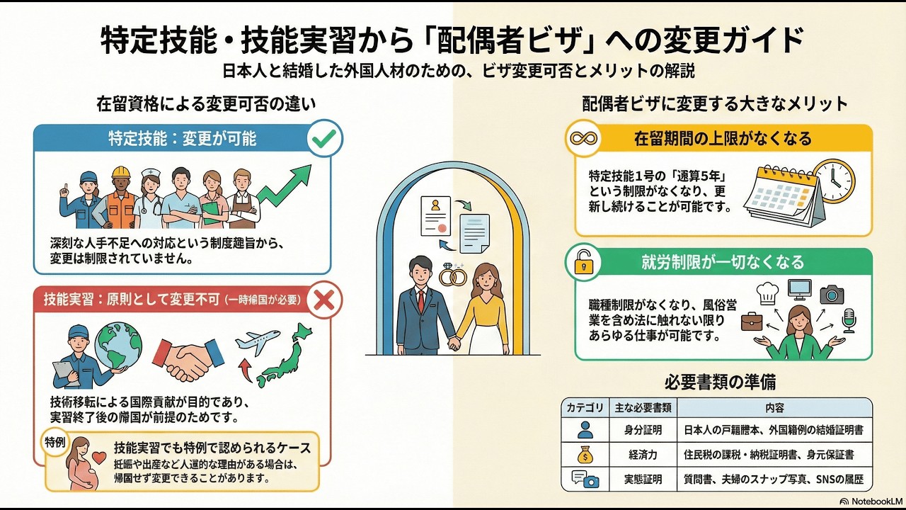 特定技能ビザ（在留資格「特定技能」）や技能実習ビザから配偶者ビザへ変更できますか？