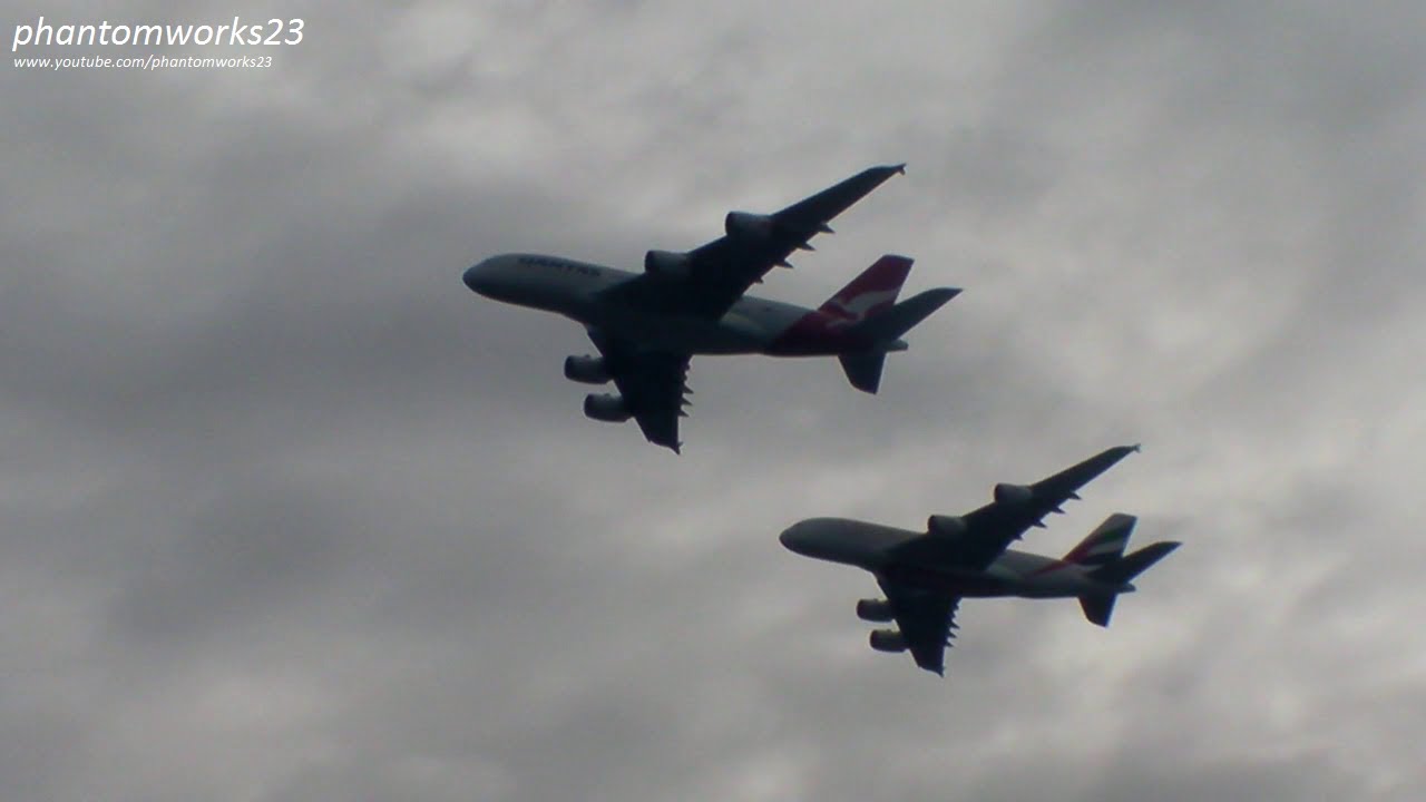 EMIRATES & QANTAS A380 FORMATION FLYOVER AT SYDNEY HARBOUR