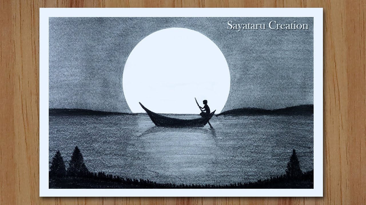 How to Draw Moonlight Night with pencil step by step, Pencil Drawing for Beginners
