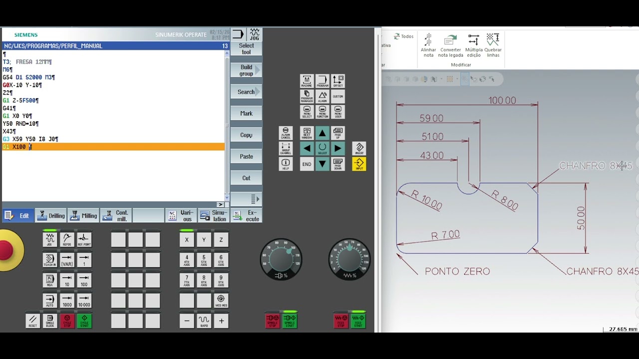 Programação manual para Centro de usinagem CNC comando Siemens. 