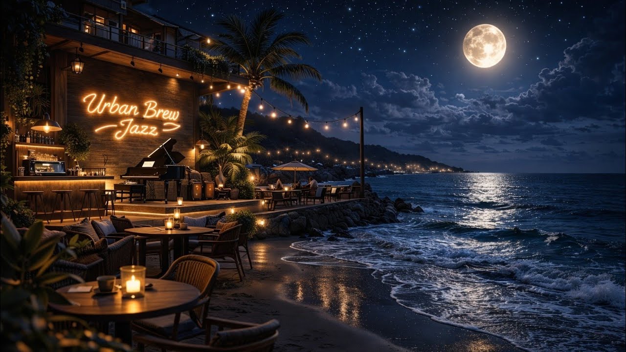 Moonlit Beach Jazz Café ☕ Smooth Jazz Piano & Ocean Waves Night Ambience for Relaxation