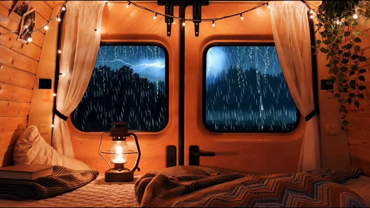4k🌙 Sleep Study in Camper Van with Thunderstorm and Rain Hitting Car Sounds ASMR
