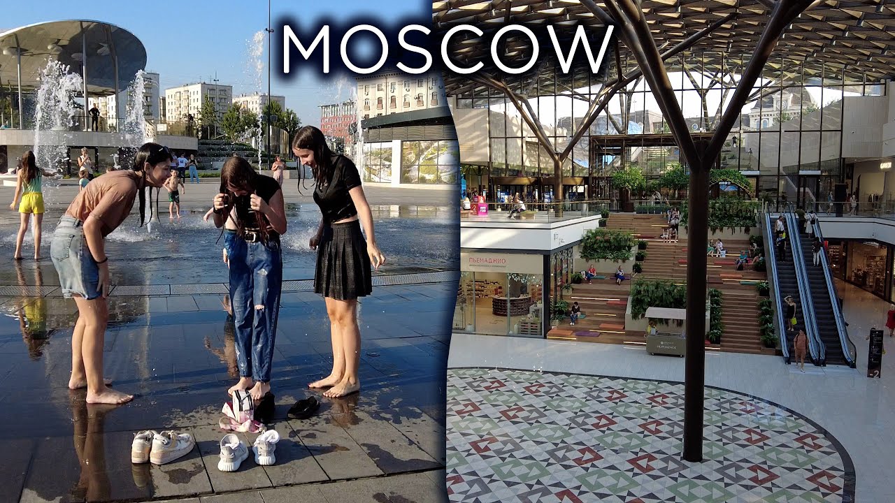 Girls play in the fountain! Recreation area on Paveletskaya Square and a shopping center below it