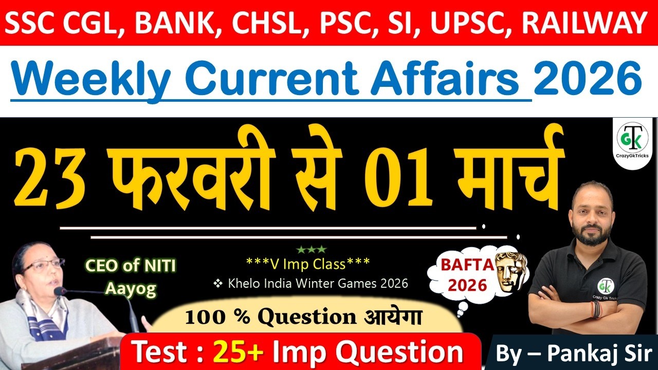 23 Feb. - 01 March 2026 Weekly Current Affairs | Most Important Current Affairs 2026 | CrazyGkTrick