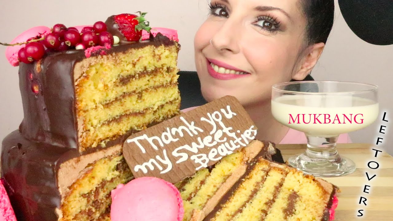 Mukbang: Tiered Chocolate - Vanilla Cake Leftovers Dunking In Milk | Eating Sounds