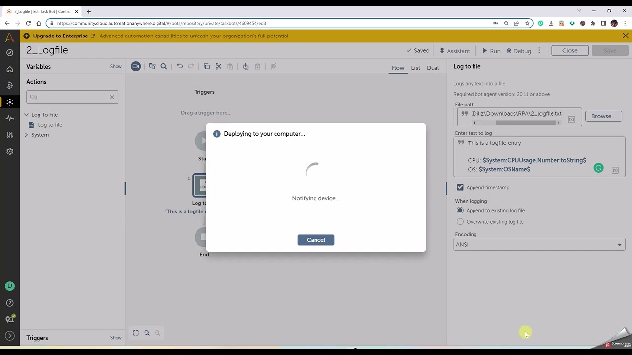 AA360 creating and writing to Logfile