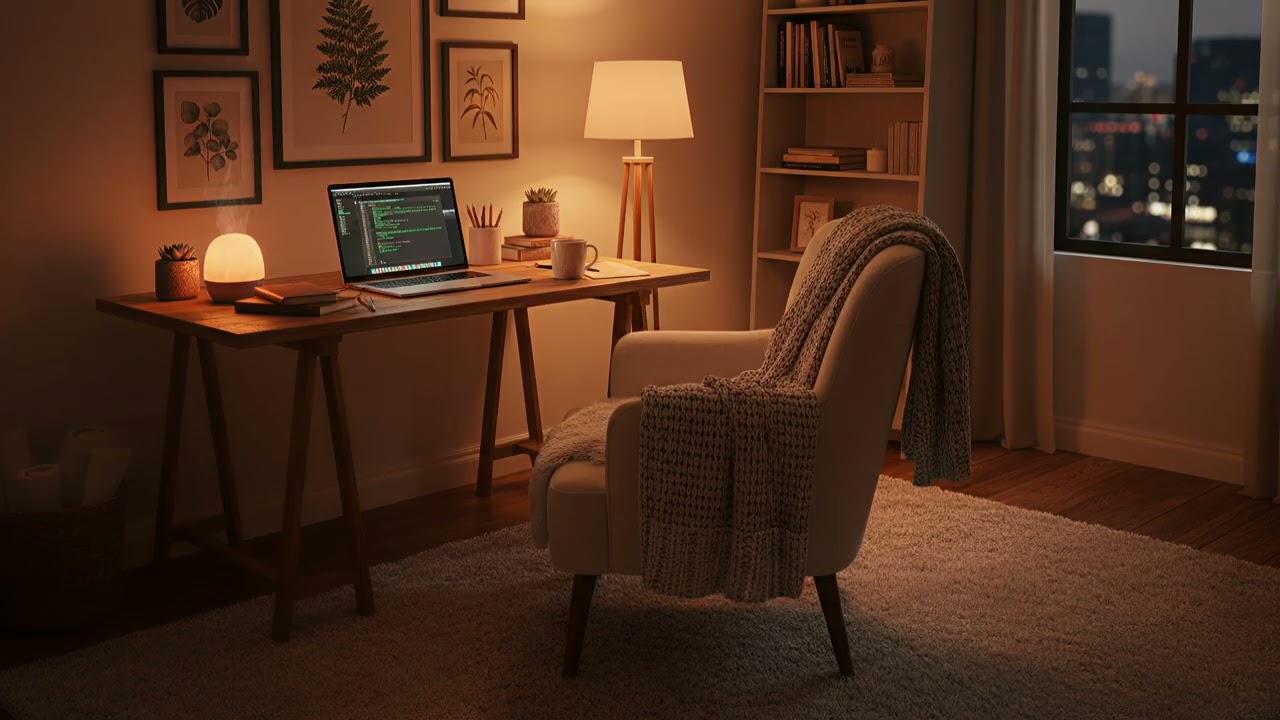 Cozy Home Office Ambience | Relaxing Music + Gentle Rain (Animated Room) | Study, Sleep, Focus