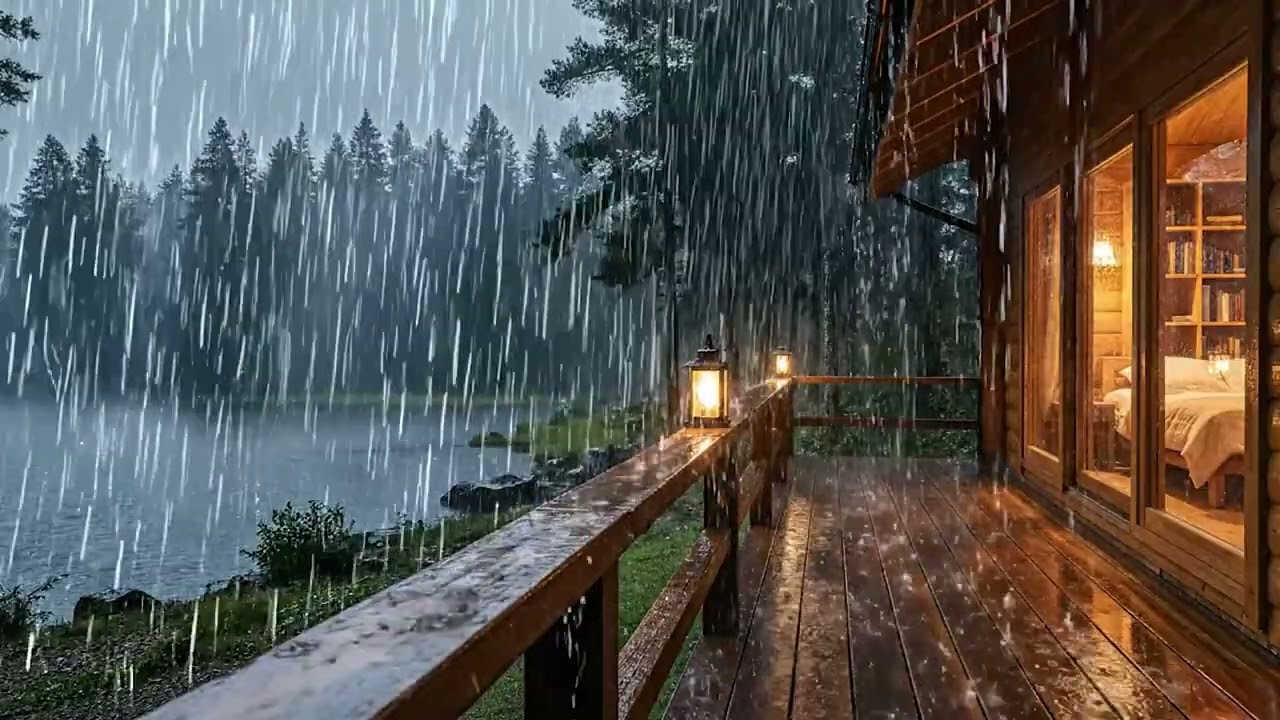 a classic wooden house on the edge of a lake and dense forest during heavy rain