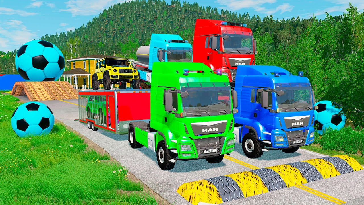 Triple Flatbed Trailer McQueen Transportation with Truck - Speedbumps vs Cars vs Train - BeamNG 0123