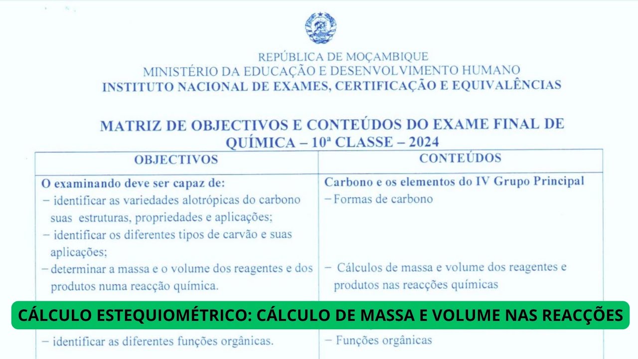 Cálculo Estequiométrico | Cálculos de massa e volume | MATRIZ DE QUÍMICA 10ª CLASSE